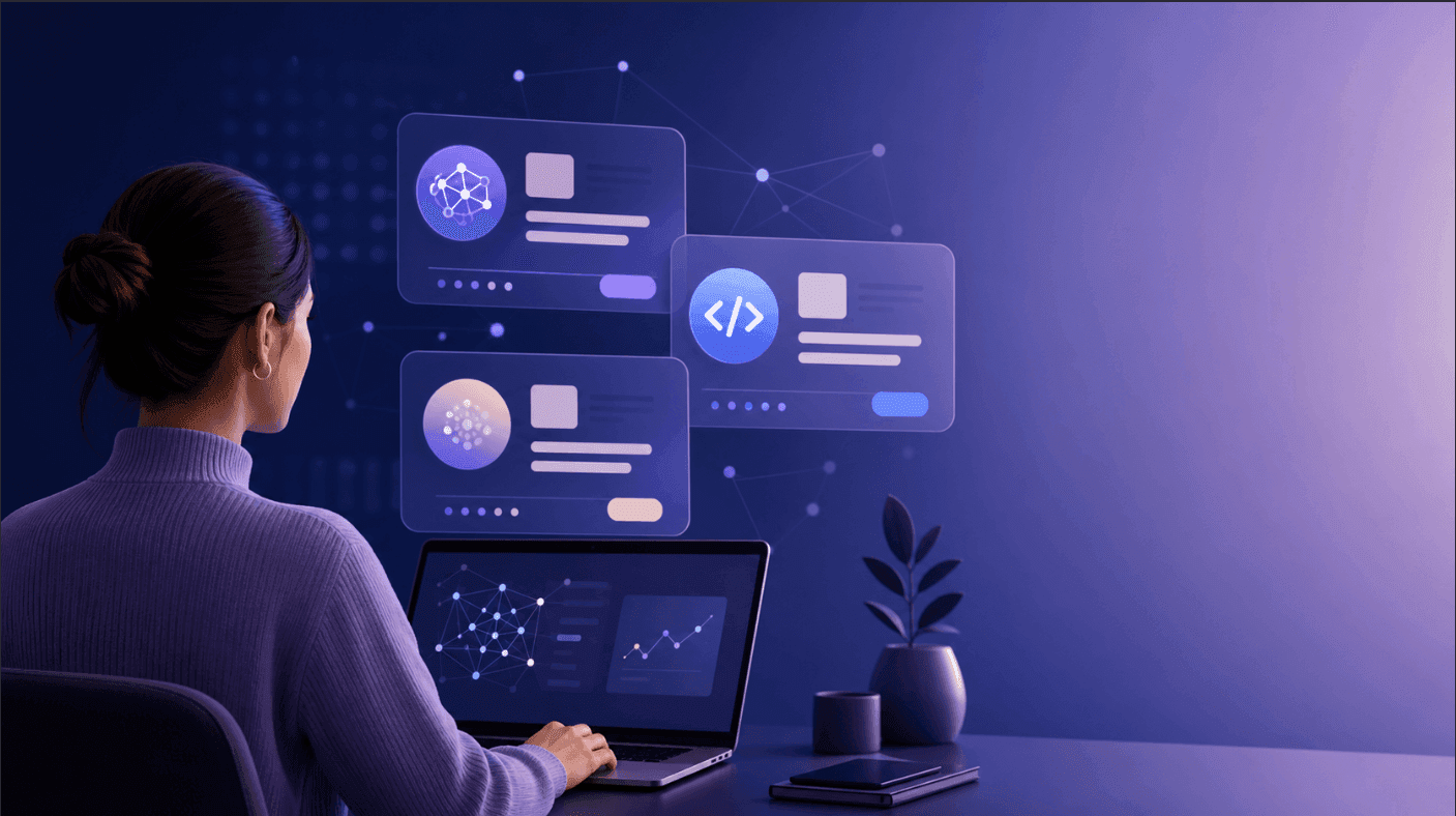 Illustration éditoriale d’une professionnelle explorant des offres d’emploi spécialisées en intelligence artificielle.