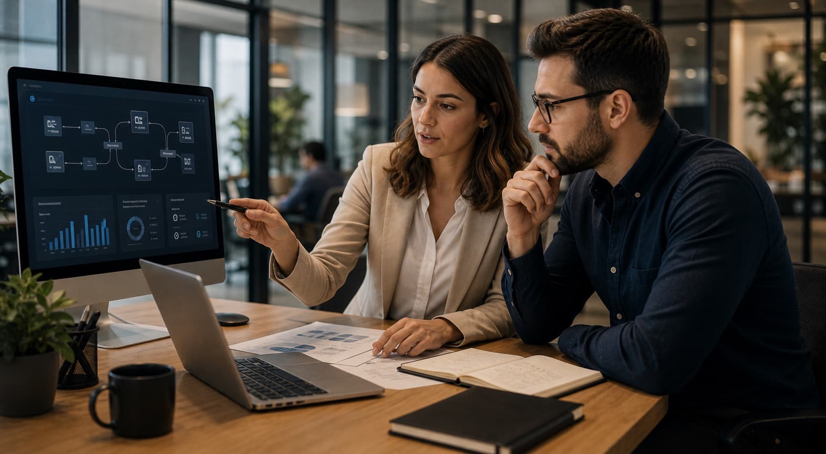 Professionnels analysant des workflows d'automatisation IA en entreprise