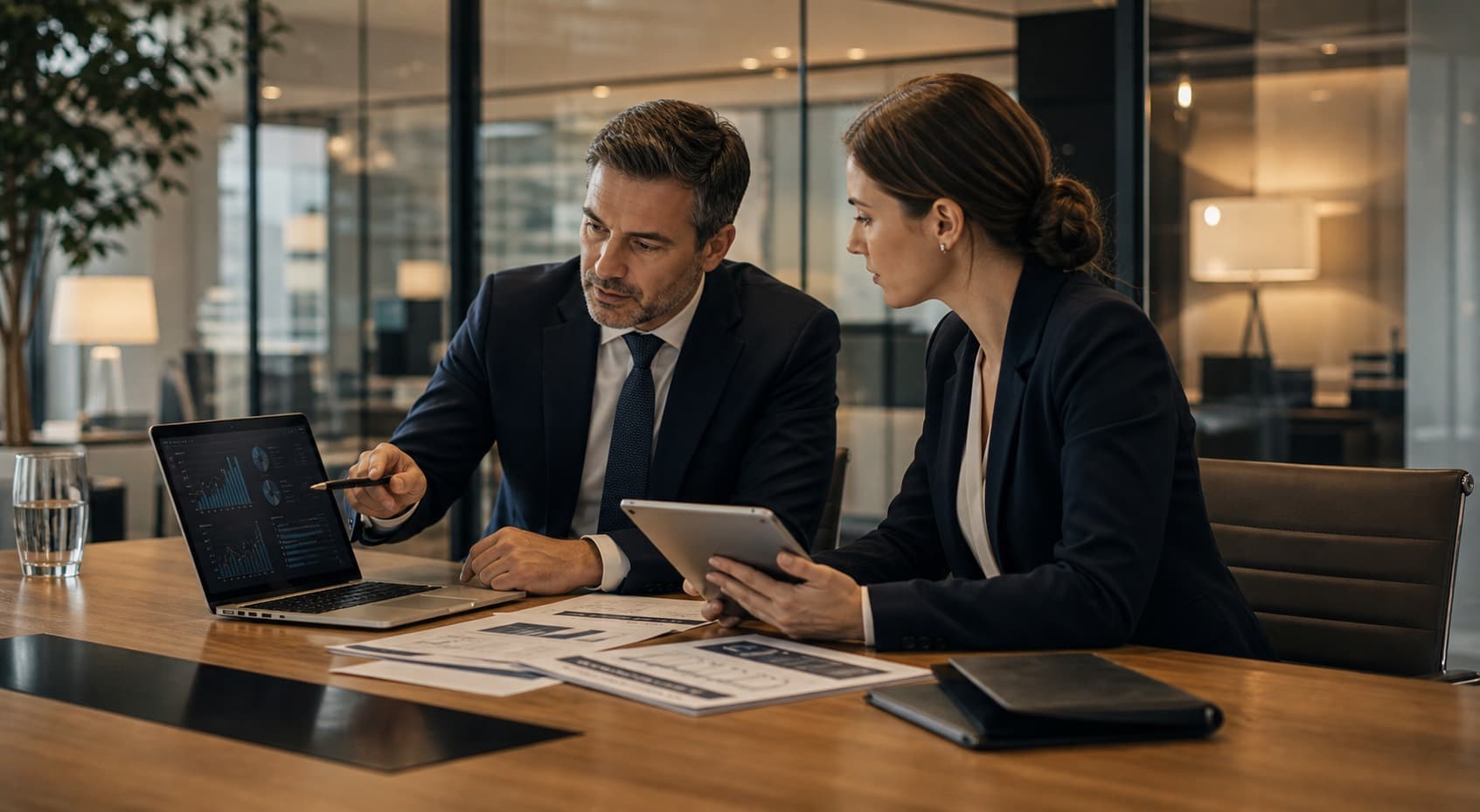 Professionnels de la banque analysant des tableaux de bord de transformation blockchain