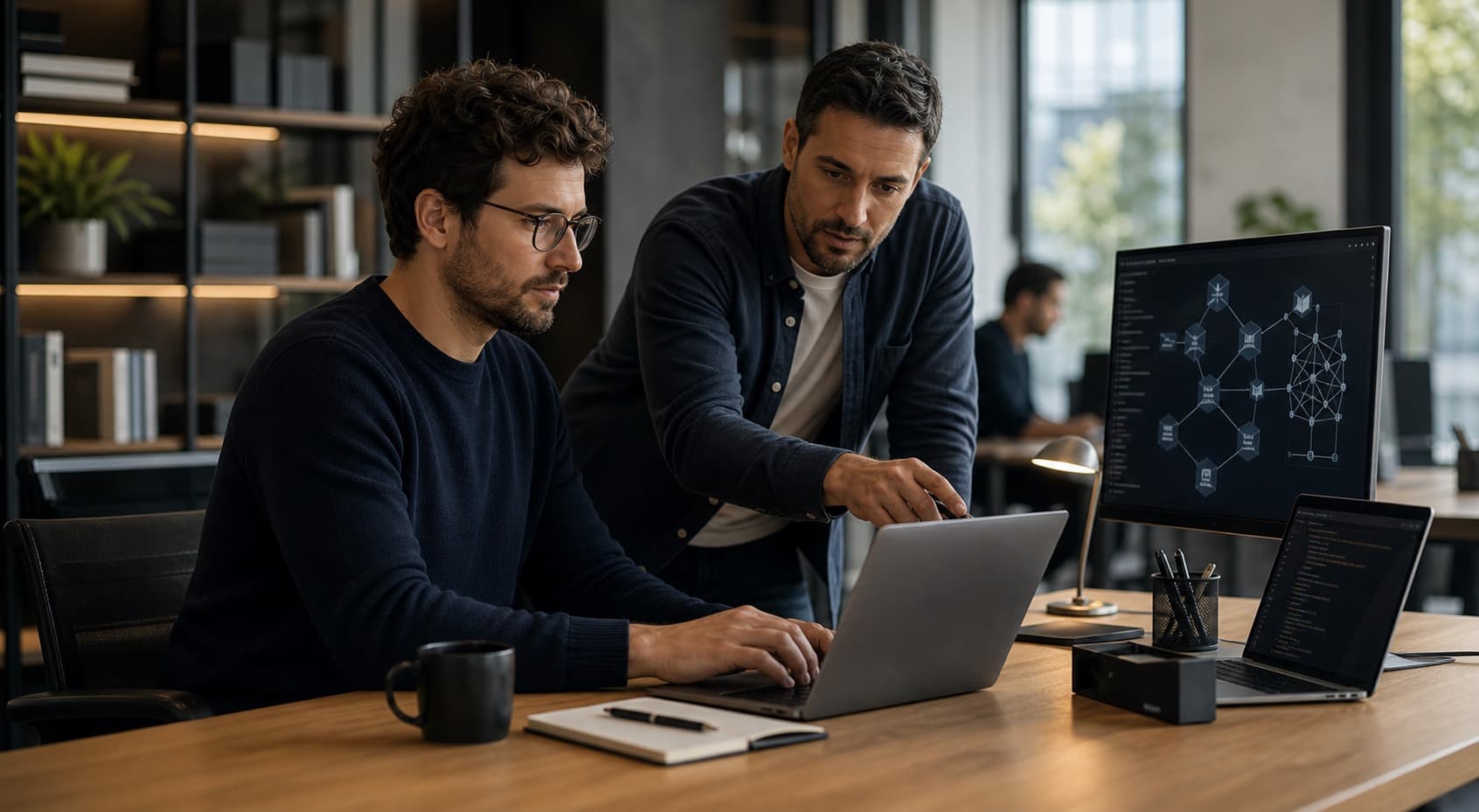 Developpeurs travaillant sur une architecture blockchain en environnement entreprise