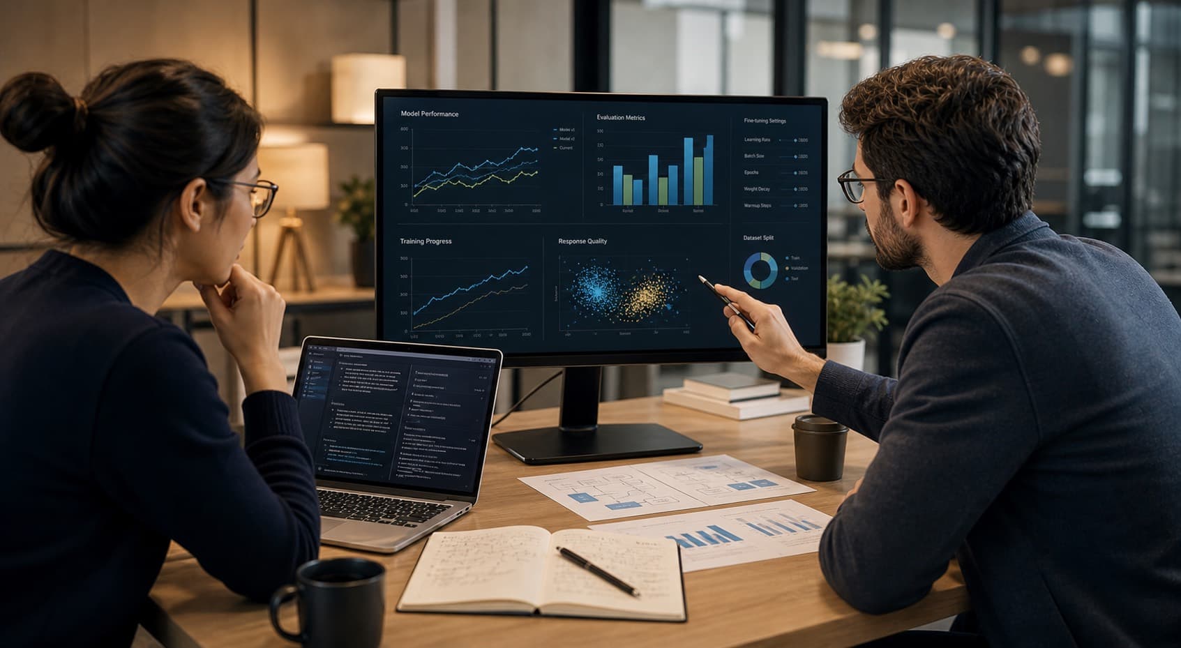 Specialistes ajustant les performances d'un modele IA pour un usage metier