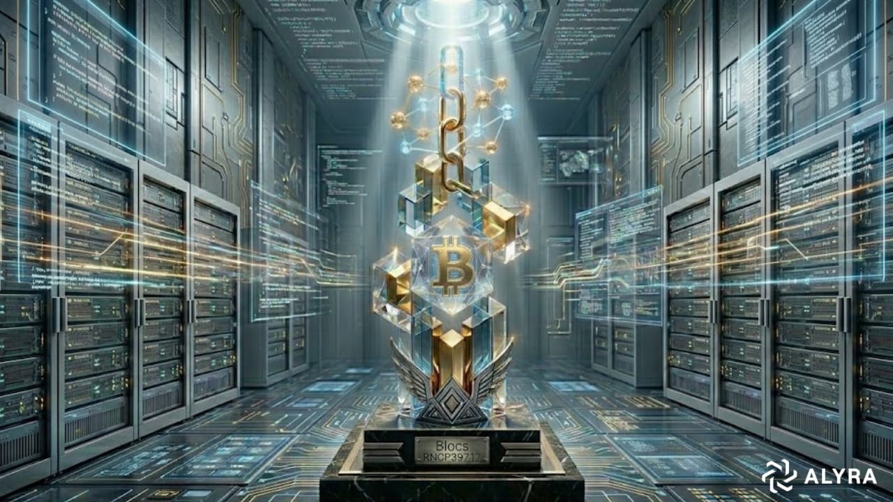 Illustration futuriste d'une salle de serveurs avec au centre un trophée numérique lumineux intégrant le logo Bitcoin. Le socle porte l'inscription 'Blocs RNCP 39717', avec le logo de l'école Alyra en bas à droite.