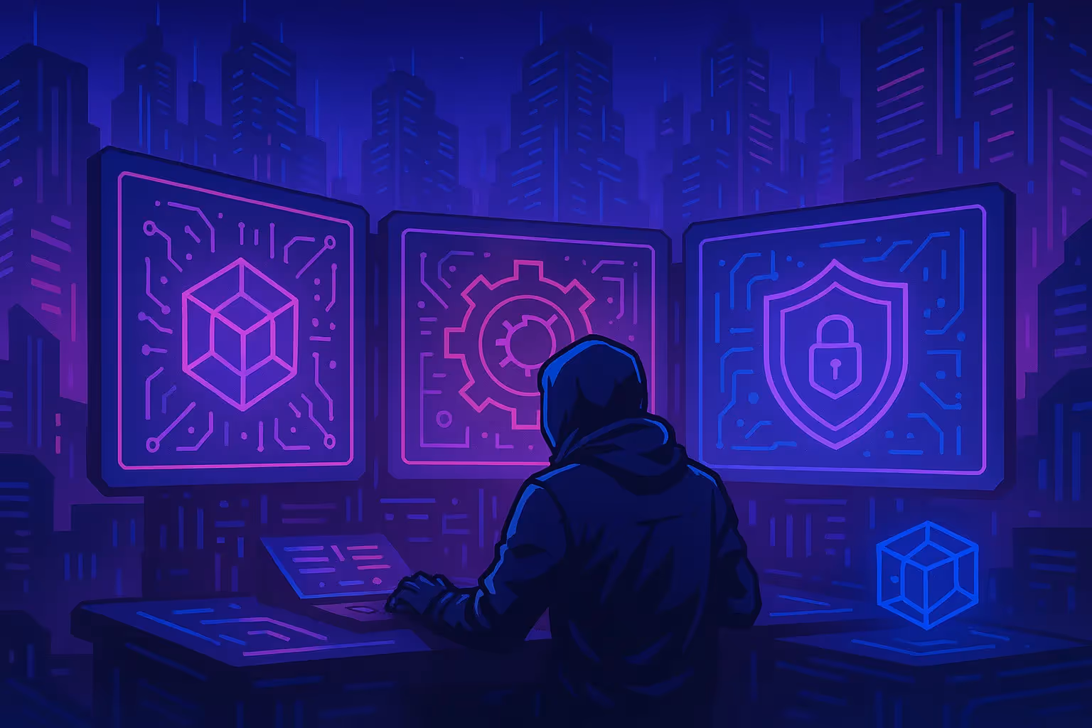 Illustration cyberpunk d’un développeur explorant des projets blockchain sur écrans futuristes